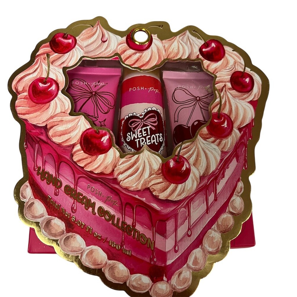 Posh + Pop Hand Cream Gift Set Strawberry & Cherry 3pc Heart Box 5 oz